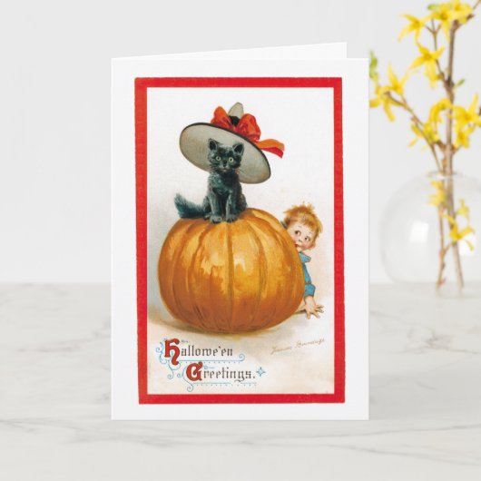  Halloween Zwarte Kat Groet Kaart (Gele Bloem)