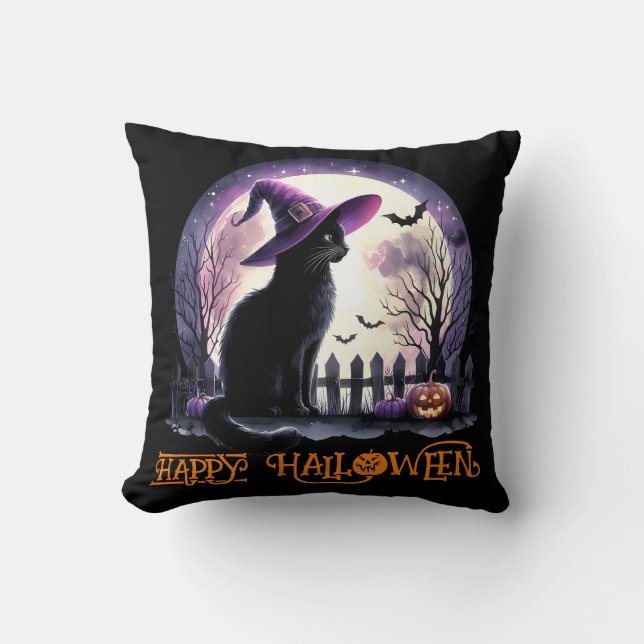 Halloween zwarte kat heks en vleermuizen kussen (Voorkant)