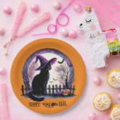 Halloween zwarte kat heks en vleermuizen papieren bordje (Feest)