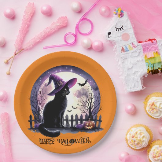 Halloween zwarte kat heks en vleermuizen papieren bordje (Feest)