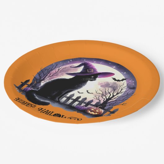 Halloween zwarte kat heks en vleermuizen papieren bordje (Gekanteld)