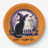 Halloween zwarte kat heks en vleermuizen papieren bordje (Voorkant)