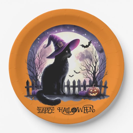 Halloween zwarte kat heks en vleermuizen papieren bordje (Voorkant)