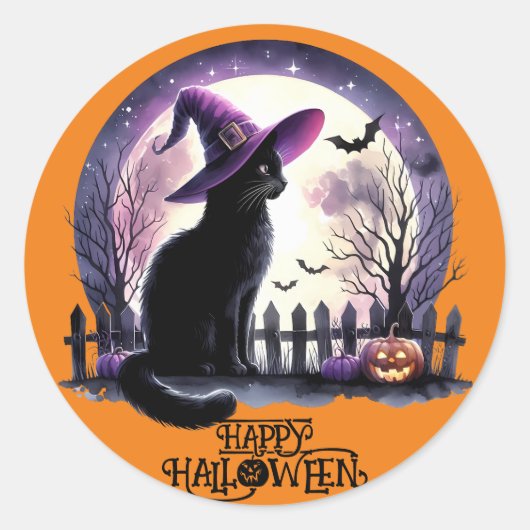 Halloween zwarte kat heks en vleermuizen ronde sticker (Voorkant)