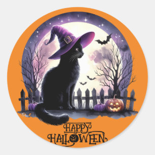 Halloween zwarte kat heks en vleermuizen ronde sticker