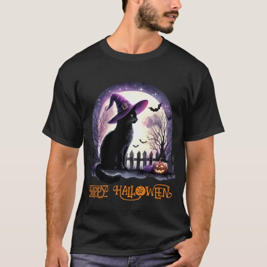 Halloween zwarte kat heks en vleermuizen t-shirt (Voorkant)