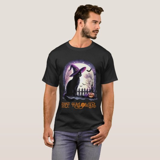 Halloween zwarte kat heks en vleermuizen t-shirt (Voorkant volledig)