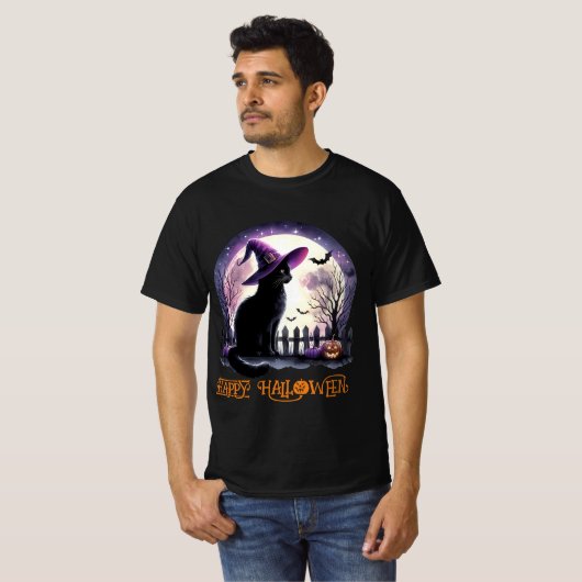 Halloween zwarte kat heks en vleermuizen t-shirt (Voorkant volledig)