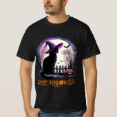 Halloween zwarte kat heks en vleermuizen t-shirt (Voorkant)
