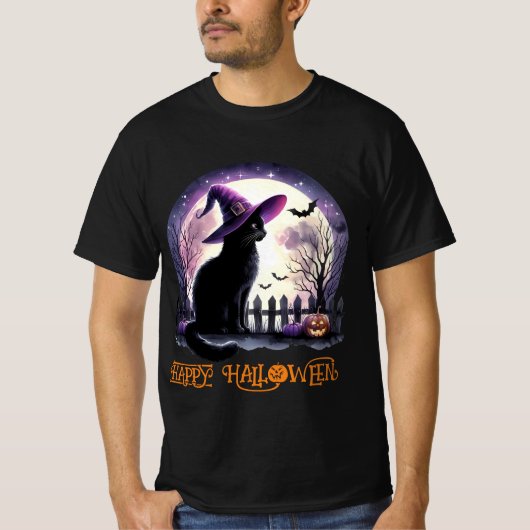 Halloween zwarte kat heks en vleermuizen t-shirt (Voorkant)
