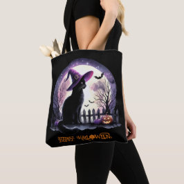 Halloween zwarte kat heks en vleermuizen tote bag