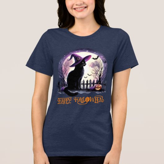Halloween zwarte kat heks en vleermuizen Tri-Blend shirt (Voorkant)