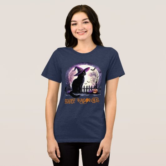 Halloween zwarte kat heks en vleermuizen Tri-Blend shirt (Voorkant volledig)