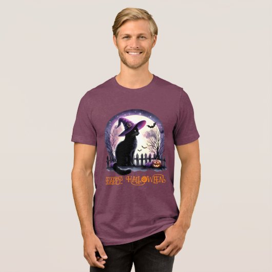 Halloween zwarte kat heks en vleermuizen Tri-Blend shirt (Voorkant volledig)