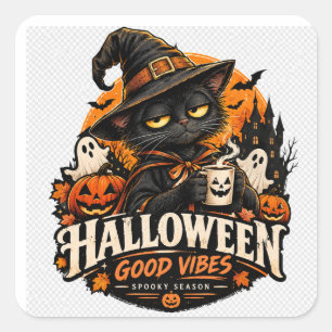 Halloween Zwarte Kat Heks Goede Vibes Griezelseizo Vierkante Sticker