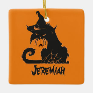 Halloween Zwarte Kat Heks Griezelige Spinnen    Keramisch Ornament
