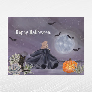 Halloween Zwarte Kat Heks Pompoen Vetplanten Vleer Feestdagenkaart