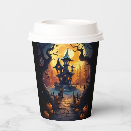 Halloween/Zwarte Kat/Heks/Tovenaar Crooked House Papieren Bekers (Achterkant)