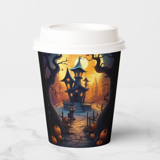 Halloween/Zwarte Kat/Heks/Tovenaar Crooked House Papieren Bekers (Voorkant)