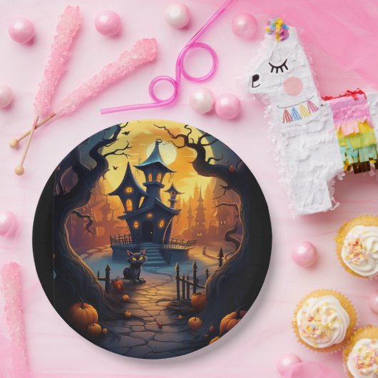Halloween/Zwarte Kat/Heks/Tovenaar Crooked House Papieren Bordje (Feest)