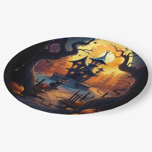 Halloween/Zwarte Kat/Heks/Tovenaar Crooked House Papieren Bordje (Gekanteld)