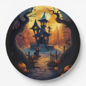 Halloween/Zwarte Kat/Heks/Tovenaar Crooked House Papieren Bordje (Voorkant)