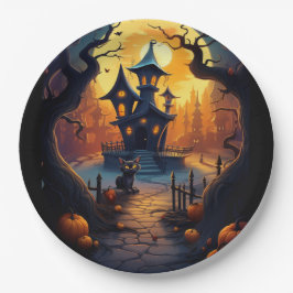 Halloween/Zwarte Kat/Heks/Tovenaar Crooked House Papieren Bordje