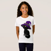 Halloween zwarte kat in tovenaar pet meisje T-shir T-shirt (Voorkant volledig)