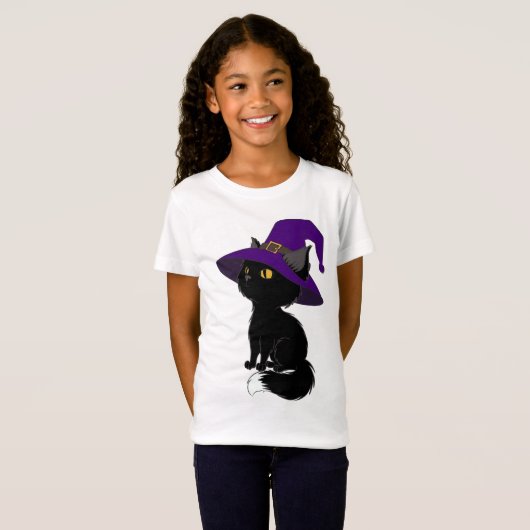 Halloween zwarte kat in tovenaar pet meisje T-shir T-shirt (Voorkant volledig)