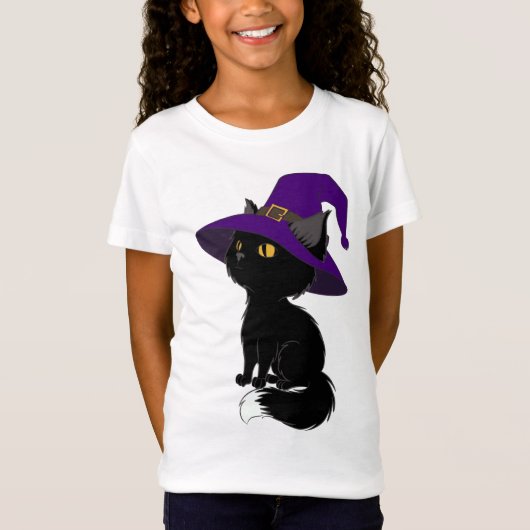 Halloween zwarte kat in tovenaar pet meisje T-shir T-shirt (Voorkant)