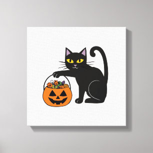 Halloween Zwarte Kat Jack O' Lantern Pompoen Zoete Canvas Afdruk