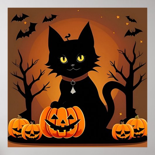 Halloween Zwarte Kat Jack O Lanterns Griezelen Poster (Voorkant)