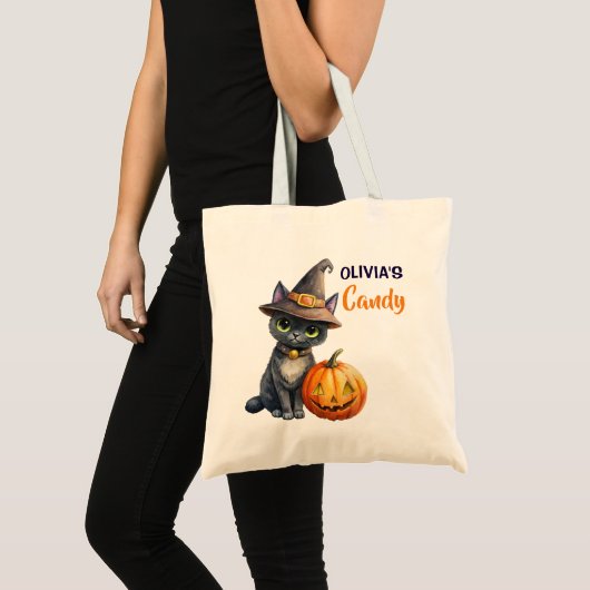 Halloween zwarte kat jack op lantaarn aangepast tote bag (Voorkant (product))
