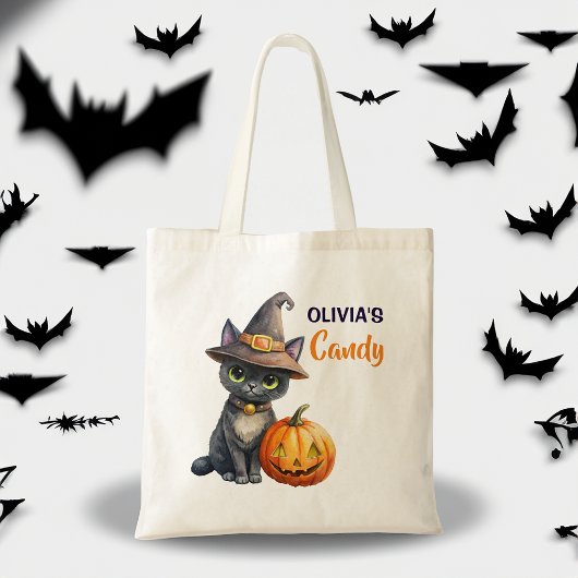 Halloween zwarte kat jack op lantaarn aangepast tote bag