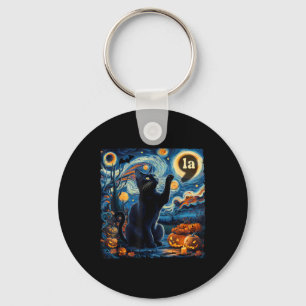 Halloween Zwarte Kat Komma La Starry Night Art Kam Sleutelhanger