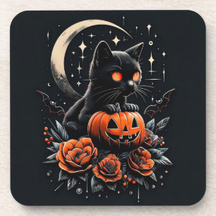 Halloween zwarte kat, maan en pompoen bier onderzetter