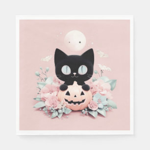 Halloween zwarte kat, maan en pompoen servet