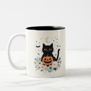 Halloween zwarte kat, maan en pompoen tweekleurige koffiemok