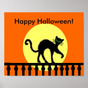 Halloween Zwarte Kat Maan Hek Poster