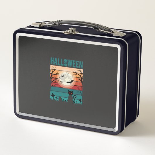 Halloween Zwarte Kat Maan Kerkhof Retro Vector Af (Voorkant)