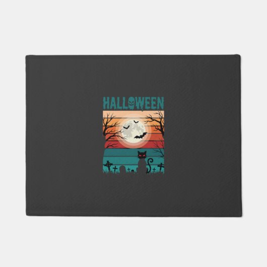 Halloween Zwarte Kat Maan Kerkhof Retro Vector Af Deurmat (Voorkant)