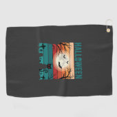 Halloween Zwarte Kat Maan Kerkhof Retro Vector Af Golfhanddoek (Horizontaal)
