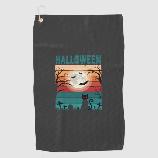 Halloween Zwarte Kat Maan Kerkhof Retro Vector Af Golfhanddoek (Voorkant)