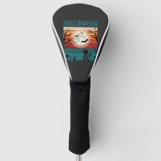Halloween Zwarte Kat Maan Kerkhof Retro Vector Af Golfheadcover (Voorkant)