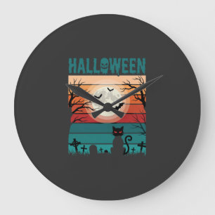 Halloween Zwarte Kat Maan Kerkhof Retro Vector Af Grote Klok
