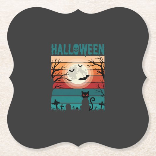 Halloween Zwarte Kat Maan Kerkhof Retro Vector Af Kartonnen Onderzetters (Voorkant)