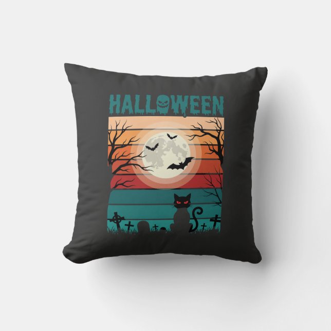 Halloween Zwarte Kat Maan Kerkhof Retro Vector Af Kussen (Voorkant)