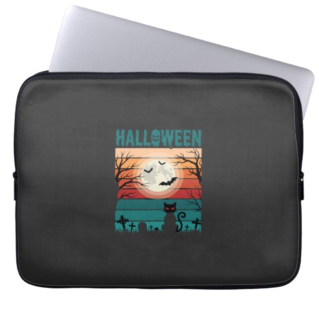 Halloween Zwarte Kat Maan Kerkhof Retro Vector Af Laptop Sleeve (Voorkant)