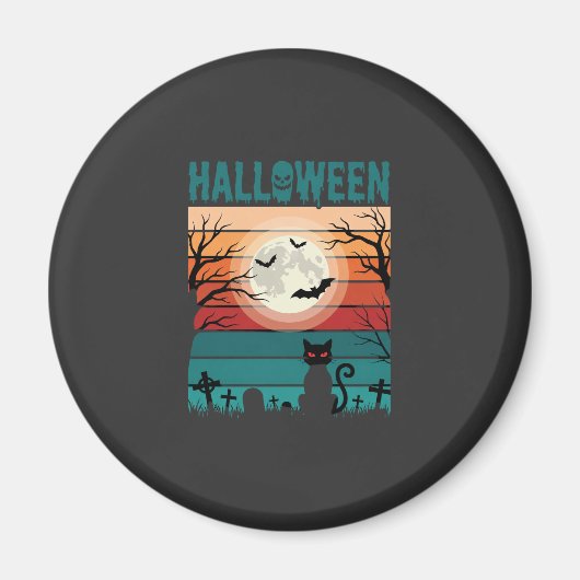 Halloween Zwarte Kat Maan Kerkhof Retro Vector Af Magneet (Voorkant)