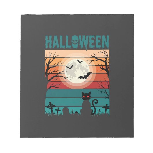 Halloween Zwarte Kat Maan Kerkhof Retro Vector Af Notitieblok (Voorkant)